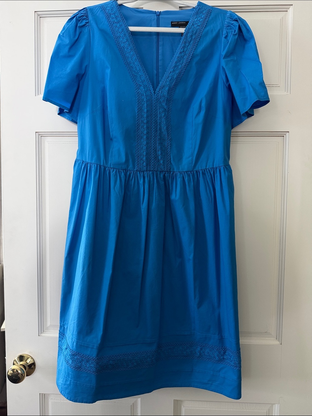 Bright Blue V-Neck Lace Trim Dress